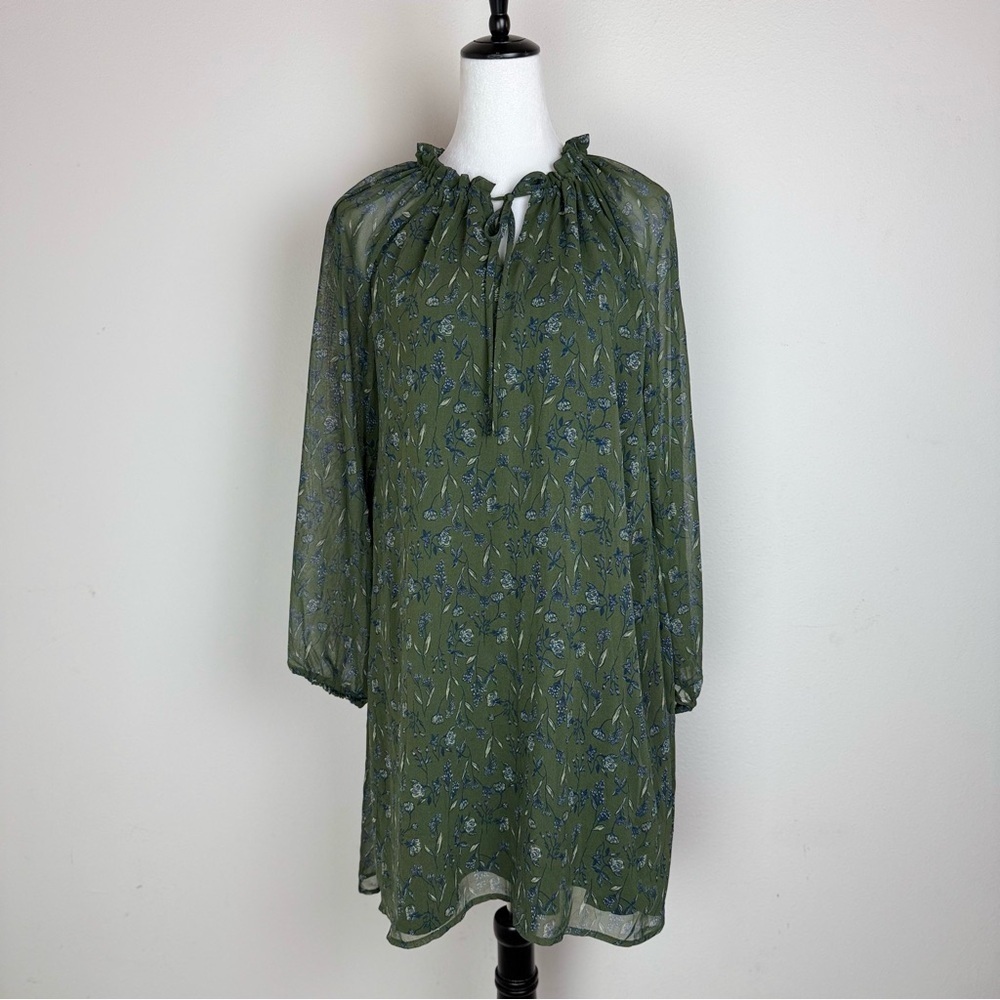 Dip Women’s Green Boho Floral Long Sleeve Mini Dress Sheer Sleeve Lined Size S